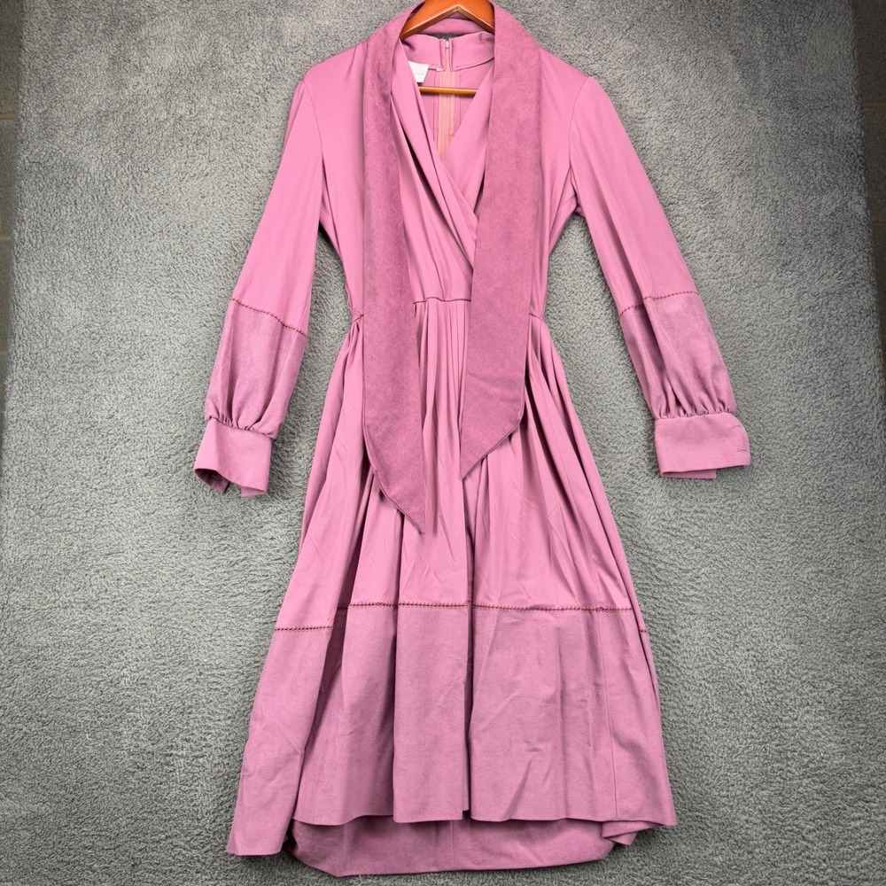 Vintage Herman Marcus Dallas‎ Mauve Long Sleeve Pleated Midi Dress Suede Trim 10